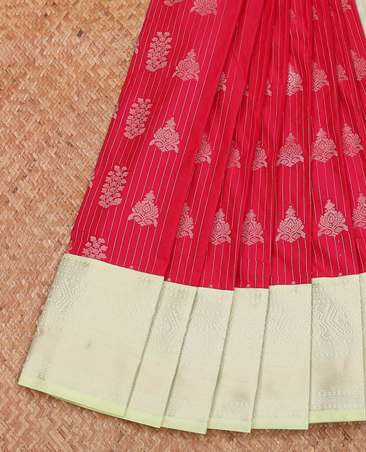 Red zari striped and buttas budget silk saree, contrast traditional zari design border, and intricate pallu