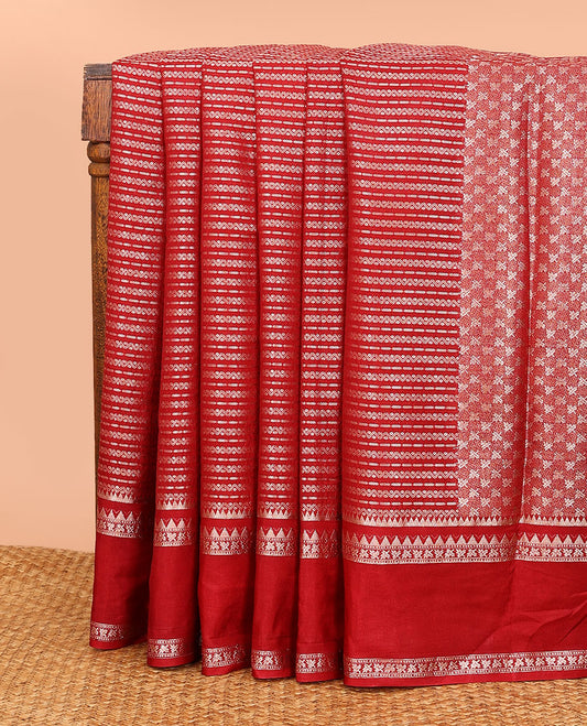 Cherry red zig-zag stripes with polka dots zari woven assam silk saree, traditional motifs woven double border, and zari design pallu