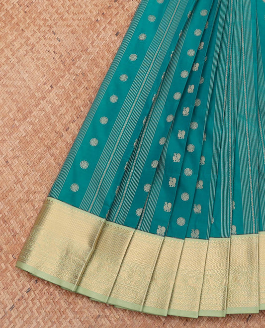 Green Budget Silk Saree, Ornamented with Peacock-Chakram Buttas and Stripes, Complemented by a Contrast Traditional Zari Border, Grand Pallu, and a Contrast Blouse