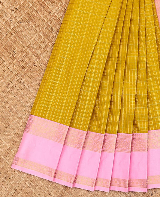 Yellow zari checked gift saree, contrast traditional zari design rettai pettu border, and jaal pallu