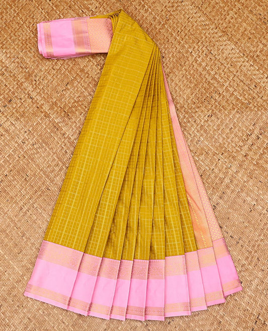 Yellow zari checked gift saree, contrast traditional zari design rettai pettu border, and jaal pallu