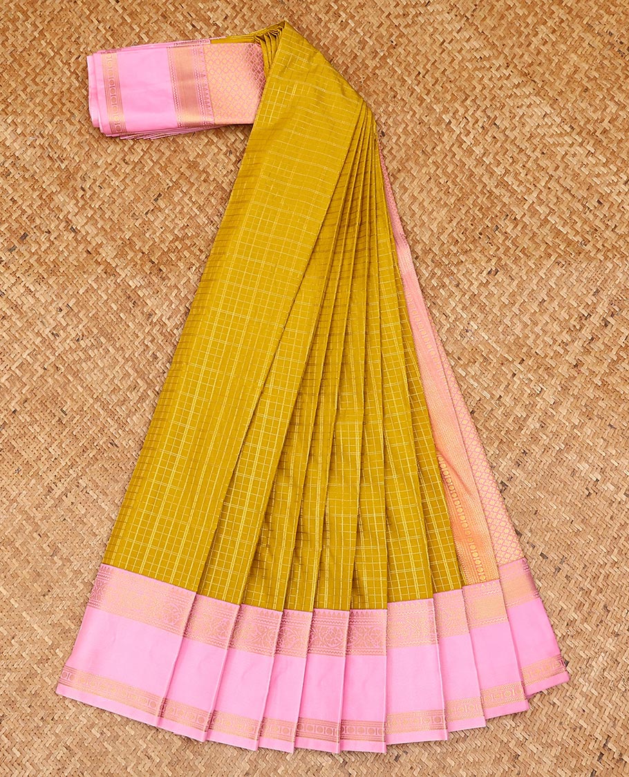 Yellow zari checked gift saree, contrast traditional zari design rettai pettu border, and jaal pallu