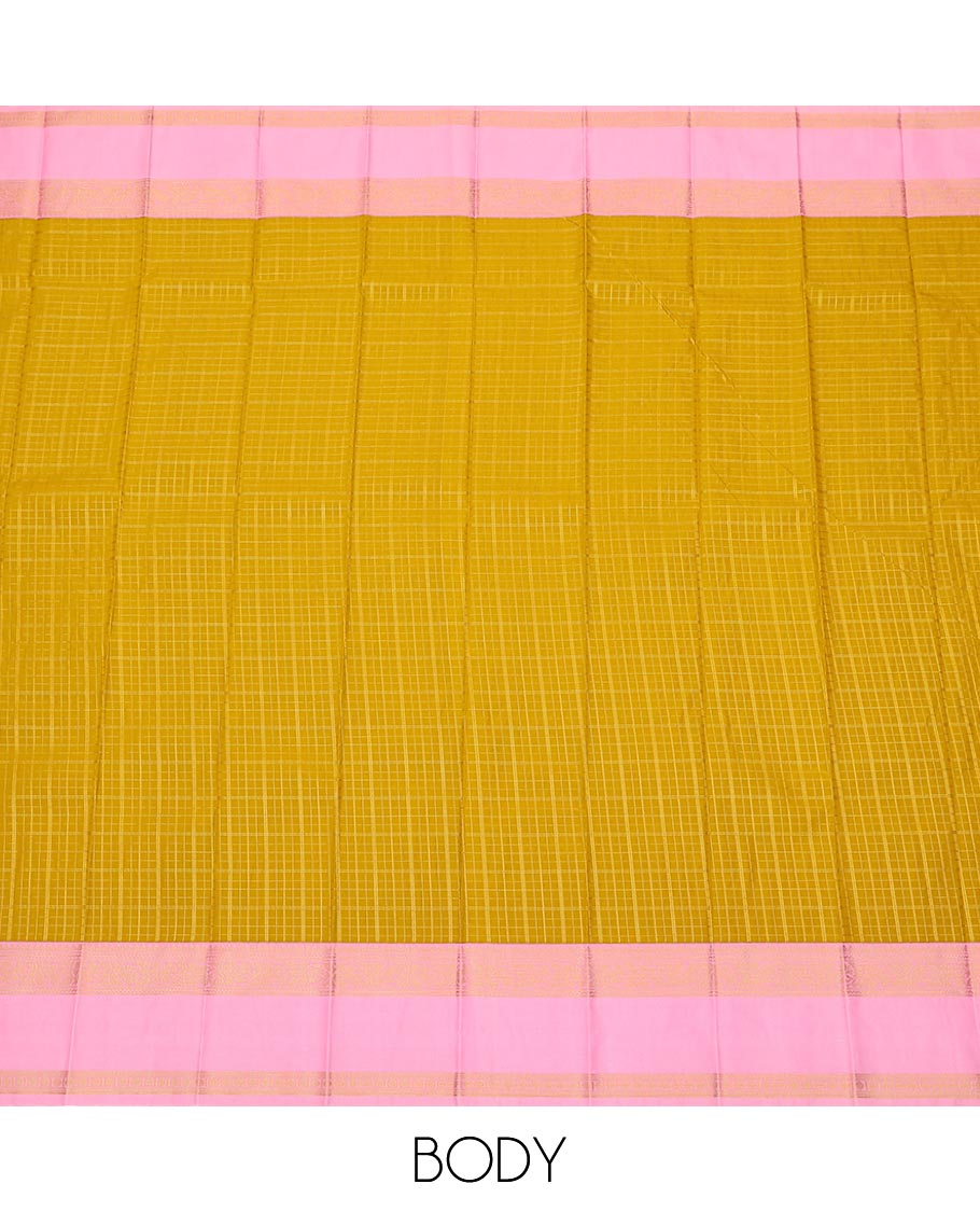Yellow zari checked gift saree, contrast traditional zari design rettai pettu border, and jaal pallu