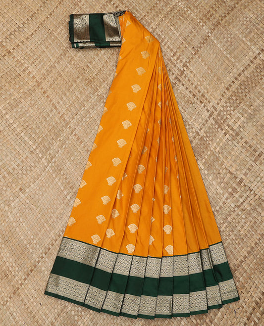 Orange Budget Silk Saree Bedecked with Zari Buttas, Highlighted with a Contrast Temple Traditional Zari Design Border, Rich Pallu of Subtle Jaal Design, and Paired with a Contrast Blouse