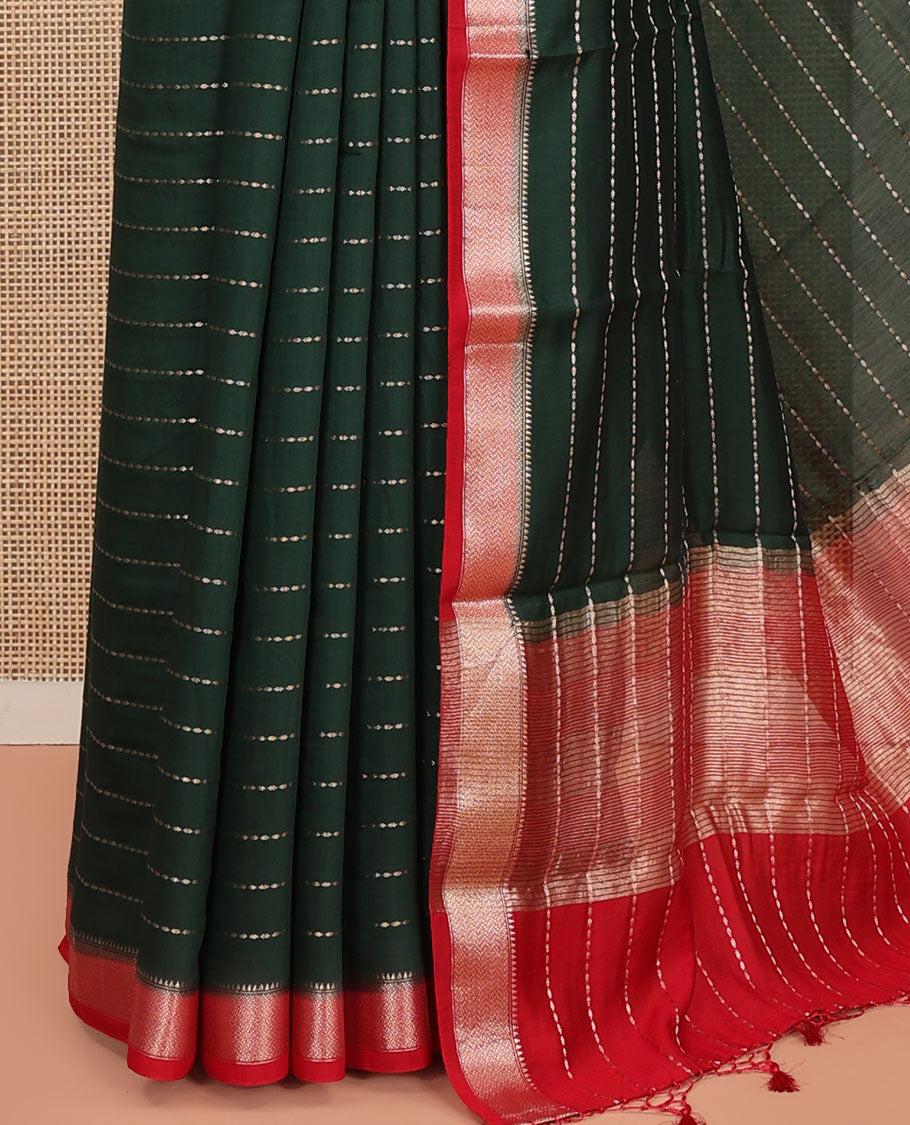 Green Assam Silk Saree, Detailed with Zari Stripes on Its Body, Complemented by a Contrast Zari Chevron Striped Border, Pallu Steeped with Zari Stripes, and Paired with a Contrast Blouse