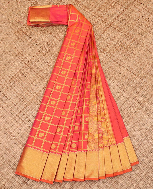 Orange Budget Silk Saree, Artfully Detailed with Peacock-Chakram Butta Enclosed Checks All Over Its Body, Highlighted by a Temple Zari Border of Traditional Designs, Pallu Depicts Mughal-Style Intricate Designs, and Paired with a Matching Blouse