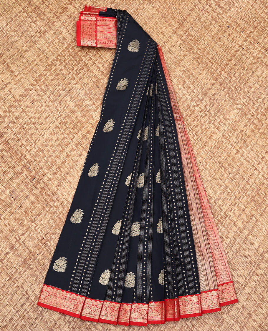 Black Budget Silk Saree, Highlighted with Buttas All Over Its Body, Complemented by a Contrast Traditional Zari Border of Peacocks, Grand Pallu of Geometric Design, and Paired with a Contrast Blouse