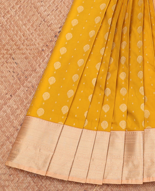 Yellow Budget Silk Saree, Sparsely Woven with Zari Buttas, Complemented by a Contrast Traditional Zari Border, Jaal Pallu, and a Contrast Blouse