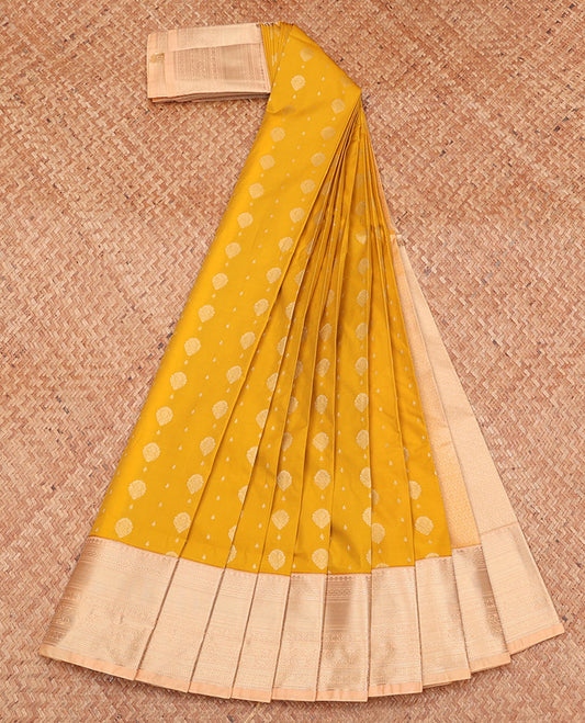 Yellow Budget Silk Saree, Sparsely Woven with Zari Buttas, Complemented by a Contrast Traditional Zari Border, Jaal Pallu, and a Contrast Blouse