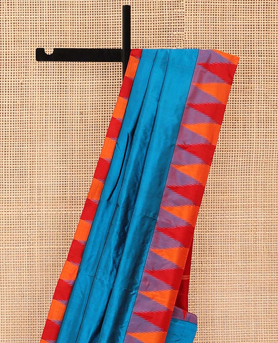 Blue plain Bangalore silk saree, contrast temple border, and striped pallu