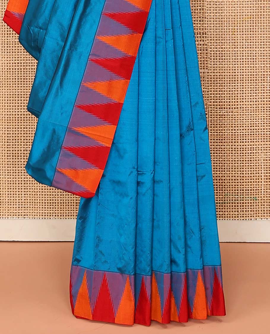 Blue plain Bangalore silk saree, contrast temple border, and striped pallu