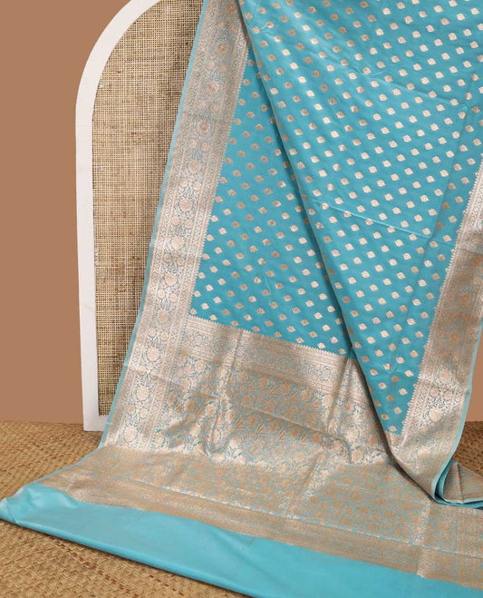 Sky blue leaf buttas semi banaras nylon saree with self traditional zari design border & floral vine design pallu