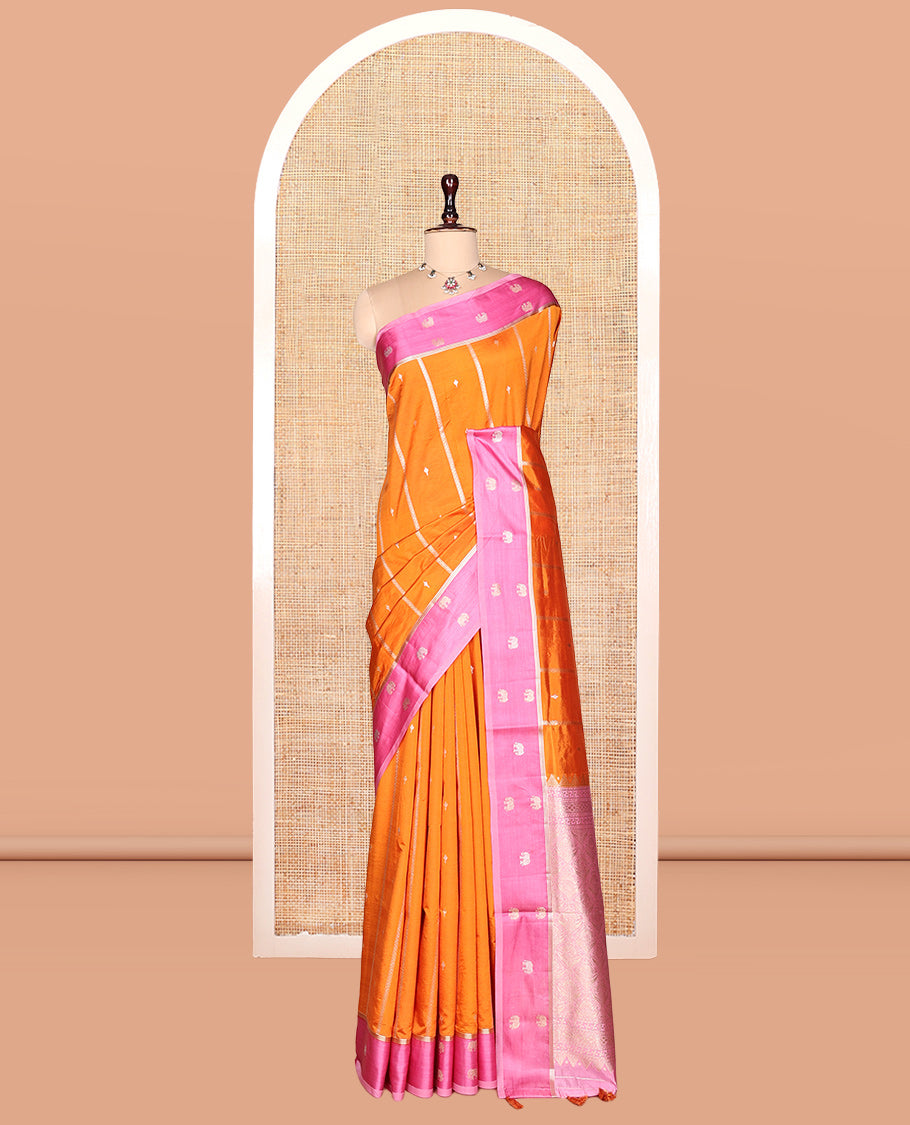 Orange Satin Silk Saree, Artfully Detailed with Buttas and Stripes, Complemented by a Contrast Elephant Motif Border,  Grand Jaal Pallu, and a Contrast Blouse