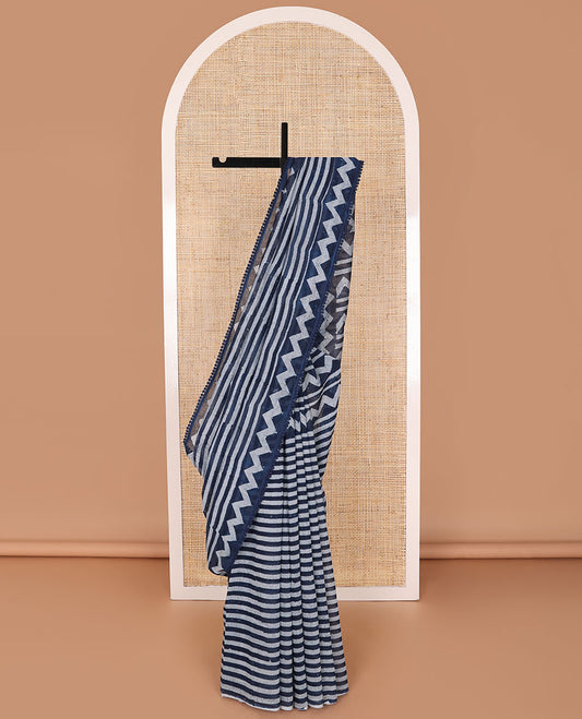 Blue striped, chanderi cotton saree with self zig zag design, sequins work border & zig zag design, sequins work pallu