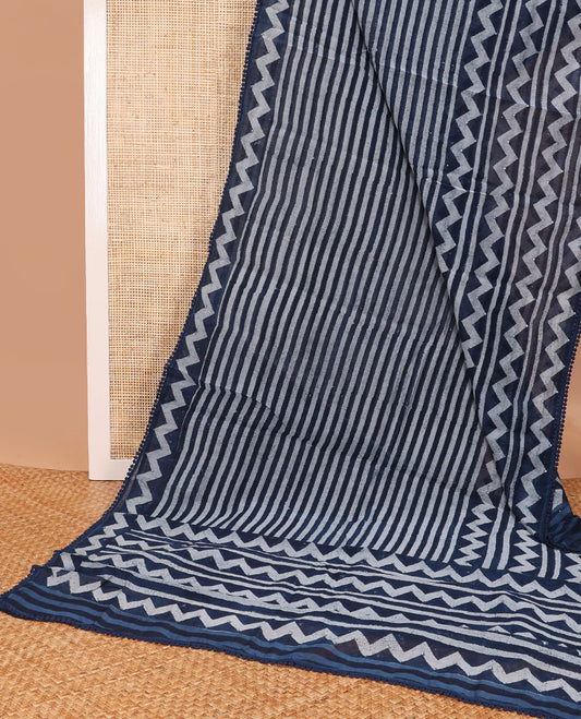 Blue striped, chanderi cotton saree with self zig zag design, sequins work border & zig zag design, sequins work pallu