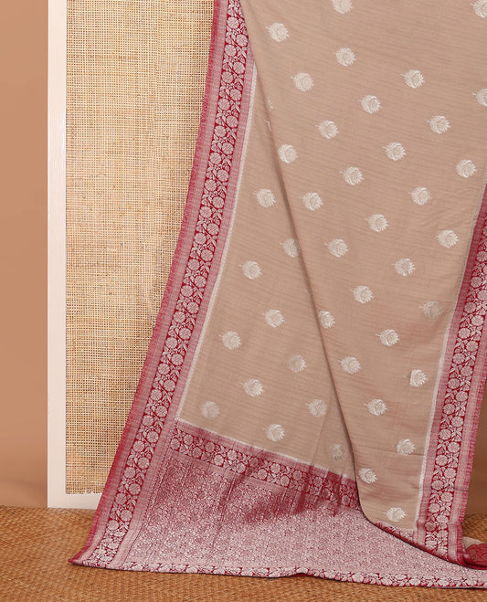 Sandal zari buttas fancy crepe saree, contrast floral creeper zari border & floral design pallu