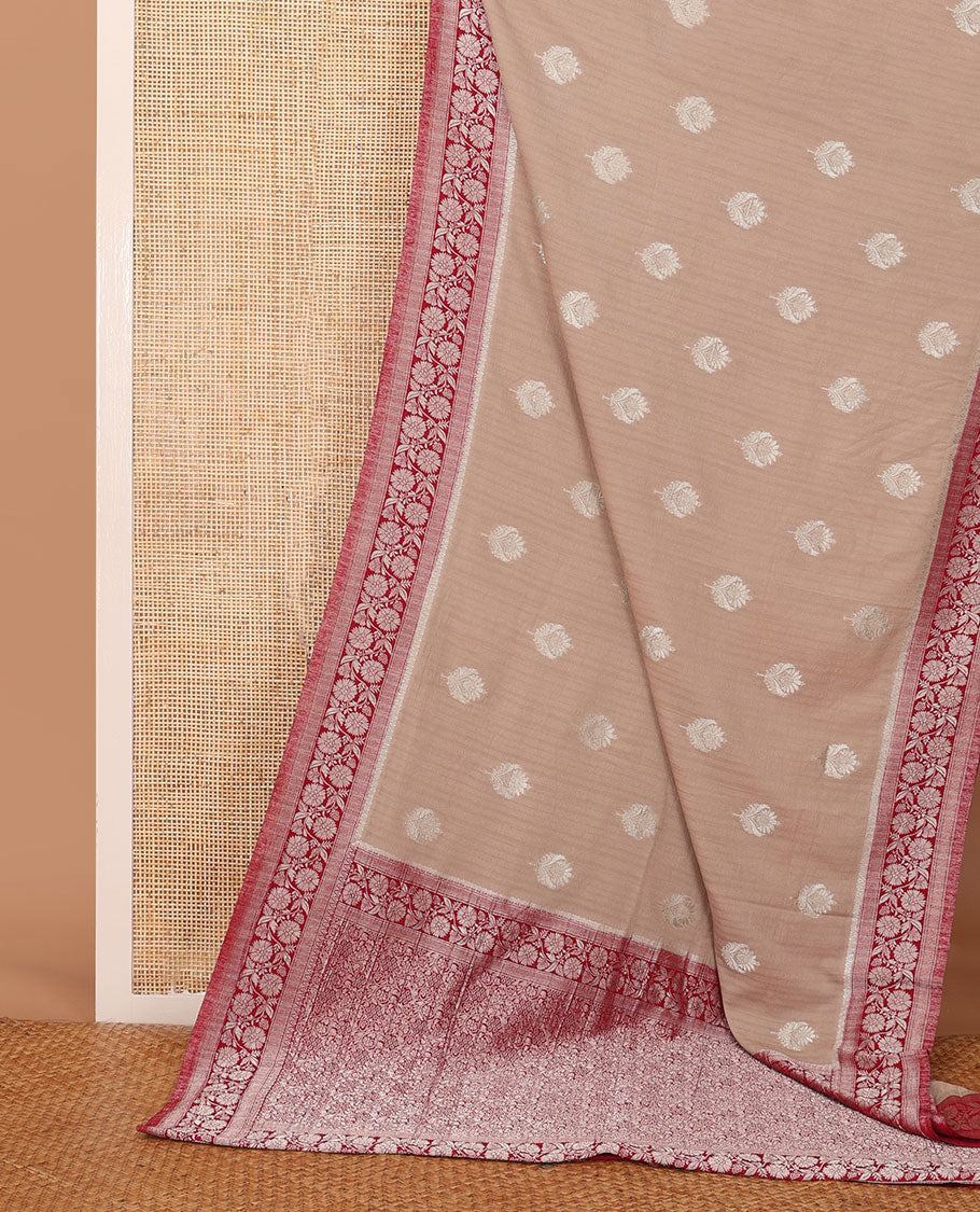 Sandal zari buttas fancy crepe saree, contrast floral creeper zari border & floral design pallu