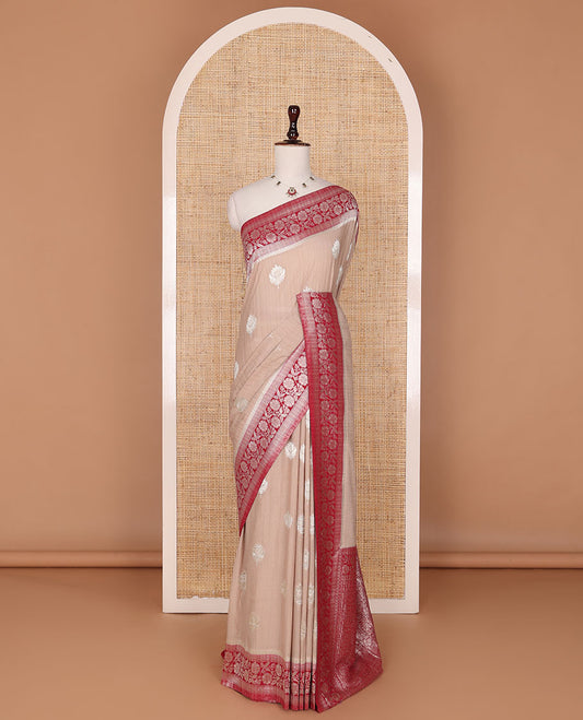 Sandal zari buttas fancy crepe saree, contrast floral creeper zari border & floral design pallu