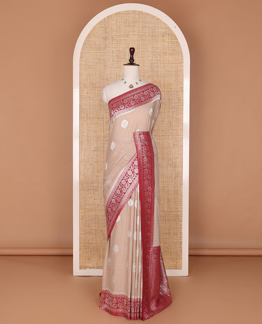 Sandal zari buttas fancy crepe saree, contrast floral creeper zari border & floral design pallu