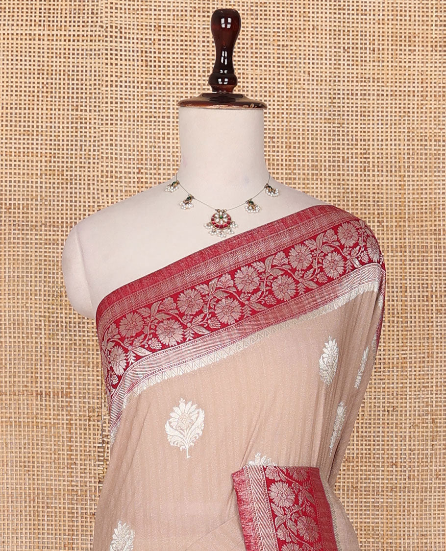 Sandal zari buttas fancy crepe saree, contrast floral creeper zari border & floral design pallu