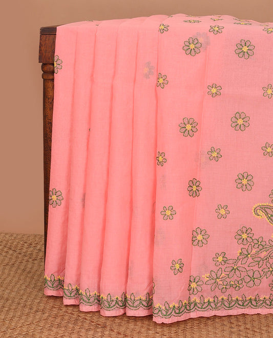 Red floral thread embroidery chikankari cotton saree with self embroidery border
