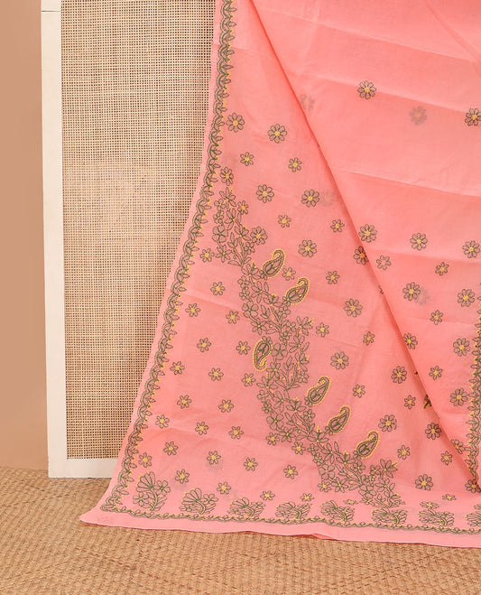 Red floral thread embroidery chikankari cotton saree with self embroidery border