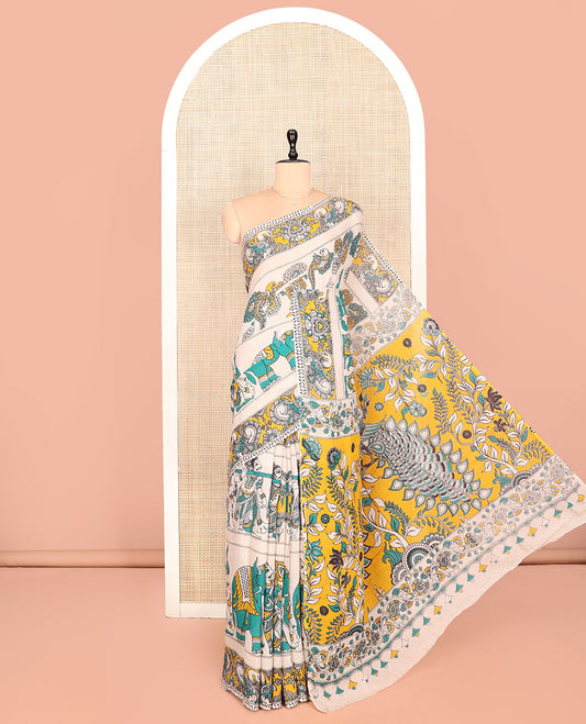 Off-White Kalamkari Cotton Saree Features Flora, Fauna, Human Motifs Print, Contrast Kalamkari Printed Border, Peacock Pallu, and a Matching Blouse