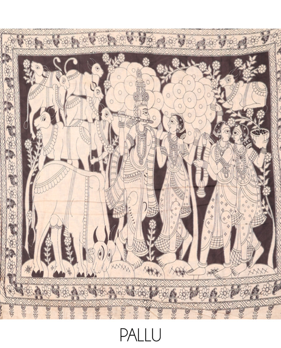 Sandal-Black Machine-Printed Kalamkari Cotton Saree Features Unique Motifs, an Elephant-Printed Border, a Pallu of Lord Krishna Motifs, and a Matching Blouse