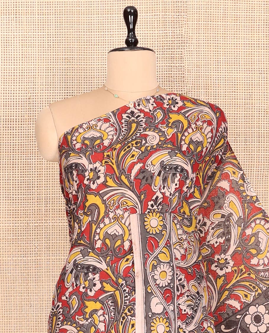 Multi-color Machine-Printed Kalamkari Cotton Saree Features Intricate Floral Motifs, a Floral Creeper Border, Kalamkari Printed Pallu, and a Contrast Blouse