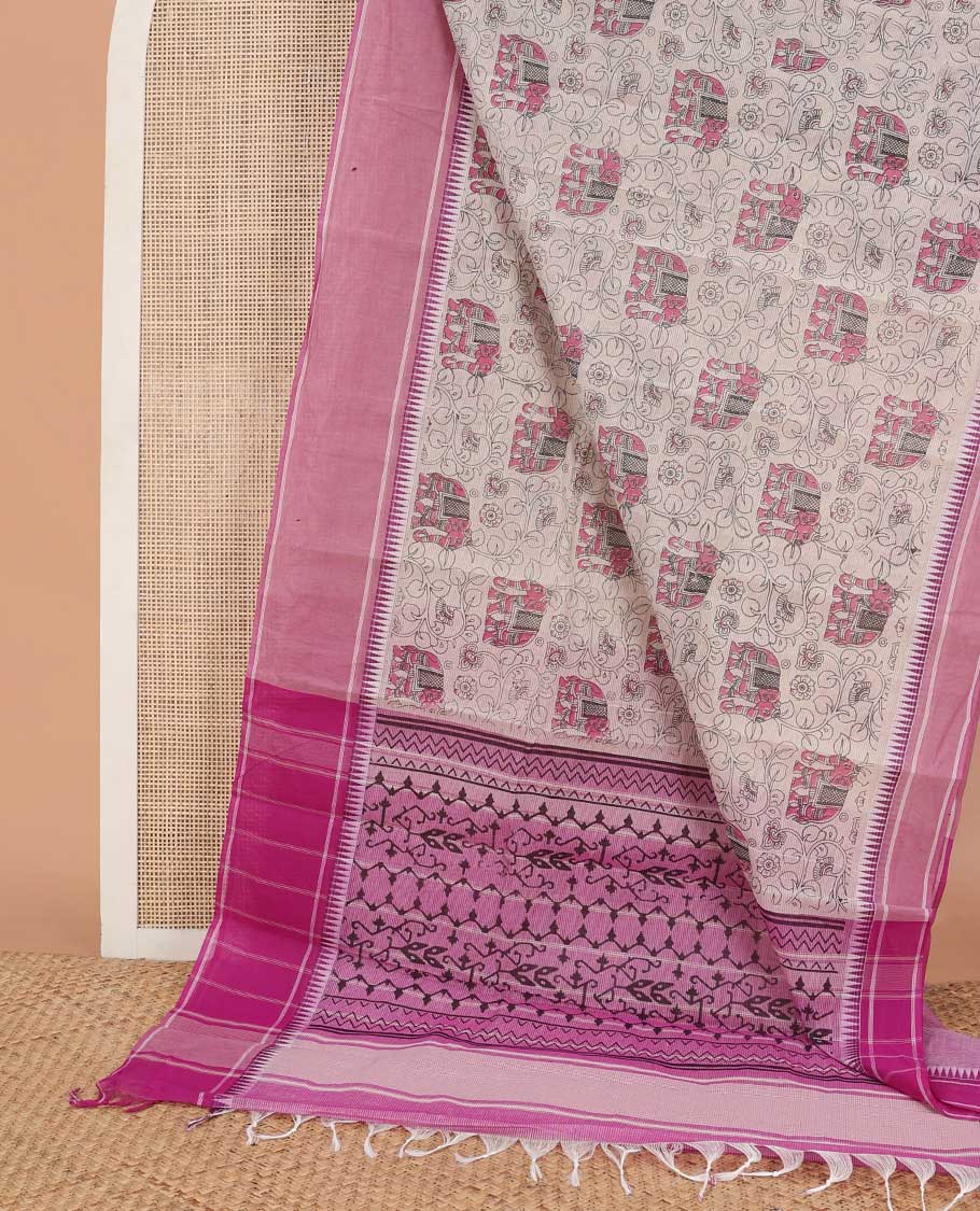 Beige kalamkari-style floral vine & elephant chirala cotton saree, contrast pink temple border & paithani design pallu