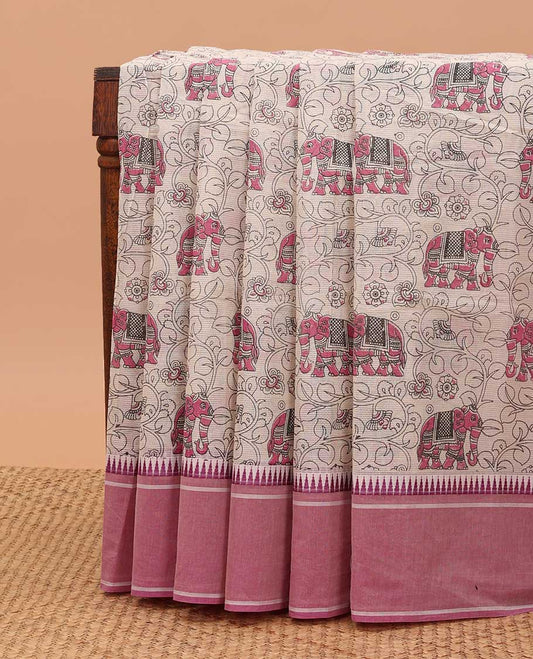 Beige kalamkari-style floral vine & elephant chirala cotton saree, contrast pink temple border & paithani design pallu