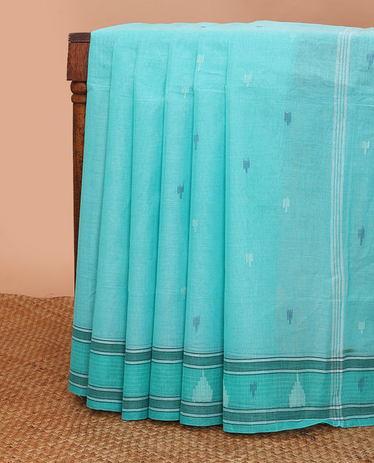 Sky blue buttas Bengal cotton saree, contrast temple border & pallu of stripes & buttas