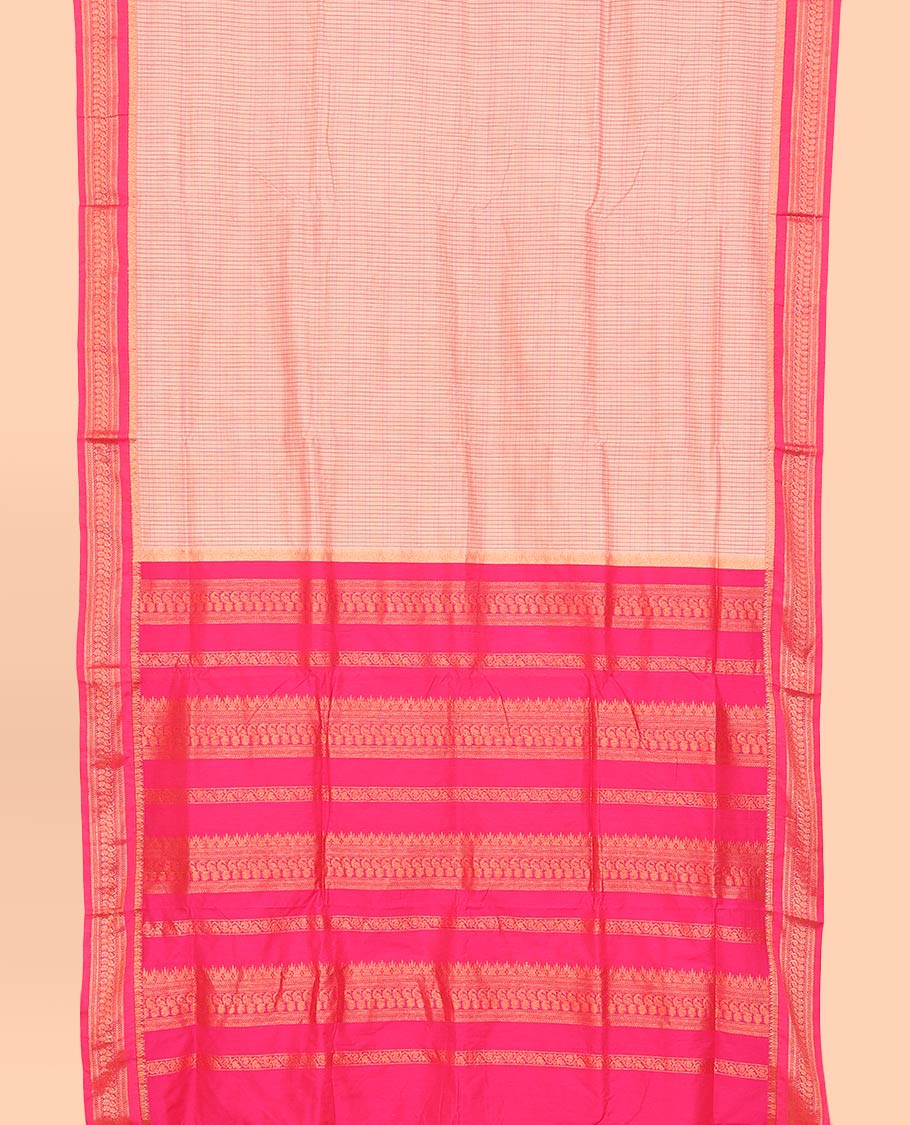 Peach checked nine-yard cotton saree, contrast temple traditional zari border of peacocks, and traditional design pallu
