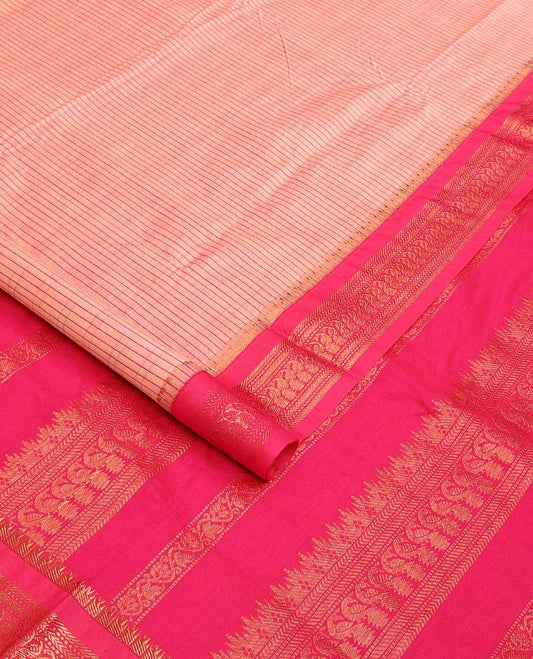 Peach checked nine-yard cotton saree, contrast temple traditional zari border of peacocks, and traditional design pallu