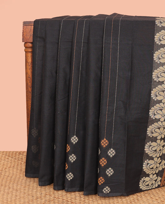 Borderless Black Kanchi Cotton Saree, Delicately Woven with Dotted-Stripes and Diamond Buttas All Over Its Body, Subtly Woven Self-Pallu Featuring Floral Designs, and Paired with a Matching Blouse