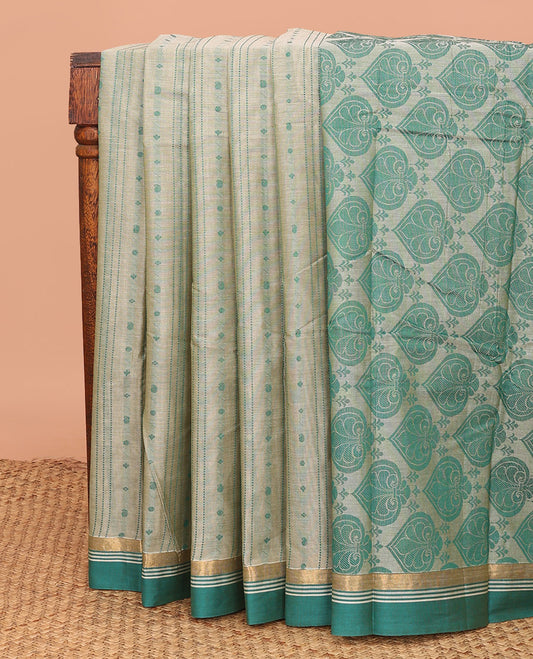 Grey Kanchi Cotton Saree, Sparsely Woven with Thread Buttas All Over Its Body, Complemented by a Contrast Zari Striped Border, Pallu Steeped with Spade Designs, and Paired with a Matching Blouse