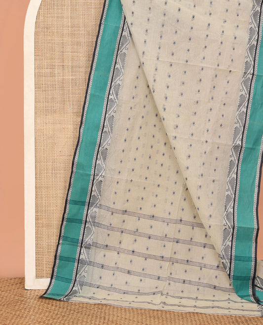 Off-White Bengal Cotton Saree, Subtly Sparkled with Buttas, Contrast Floral Creeper Border, Striped Pallu, and No Blouse