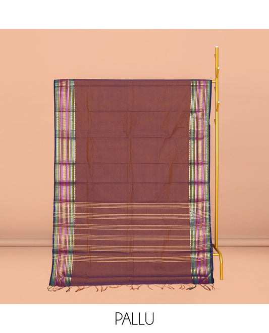 Brown Plain Chettinad Cotton Saree, Complemented by a Contrast Traditional Zari Design Border, Pallu of Stripes, and Paired with a Matching Blouse