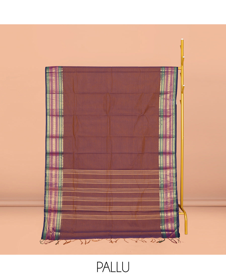 Brown Plain Chettinad Cotton Saree, Complemented by a Contrast Traditional Zari Design Border, Pallu of Stripes, and Paired with a Matching Blouse
