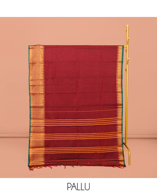 Red Plain Narayanpet Cotton Saree, Complemented by Contrast Traditional Zari Design Temple Border, Striped Pallu, and Comes Without a Blouse