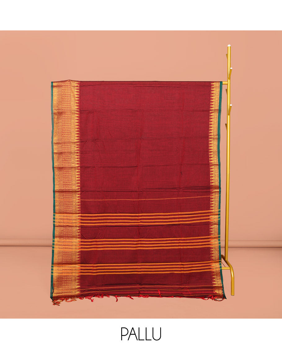 Red Plain Narayanpet Cotton Saree, Complemented by Contrast Traditional Zari Design Temple Border, Striped Pallu, and Comes Without a Blouse