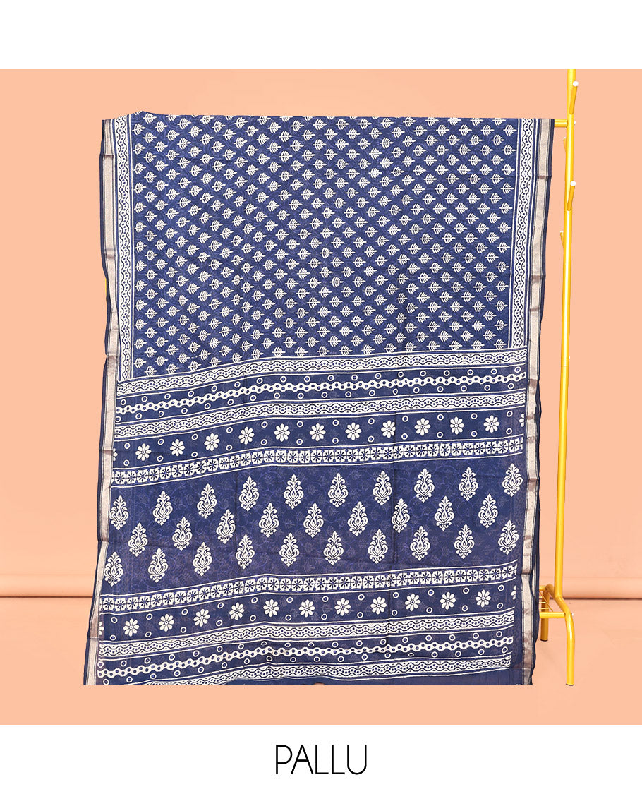 Blue Mul Mul Cotton Saree, Decked Up with Floral Buttas, a Piping Border, Printed Pallu, and a Matching Blouse