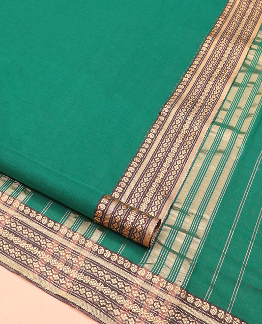 Green Plain Nine-Yard Cotton Saree, Complemented  by a Contrast Traditional Design Border, Striped Pallu, and Comes Without a Blouse