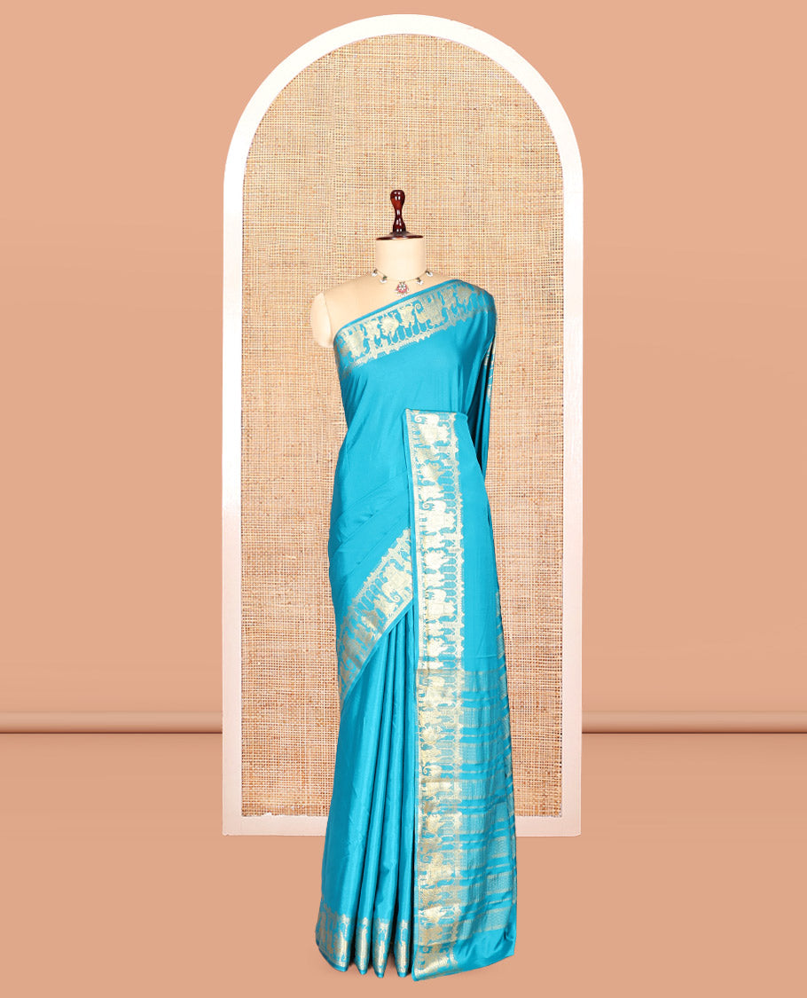 Rama Blue Plain Semi-Mysore Saree, Zari Wedding-Themed Border, Zari Striped Pallu, Matching Blouse