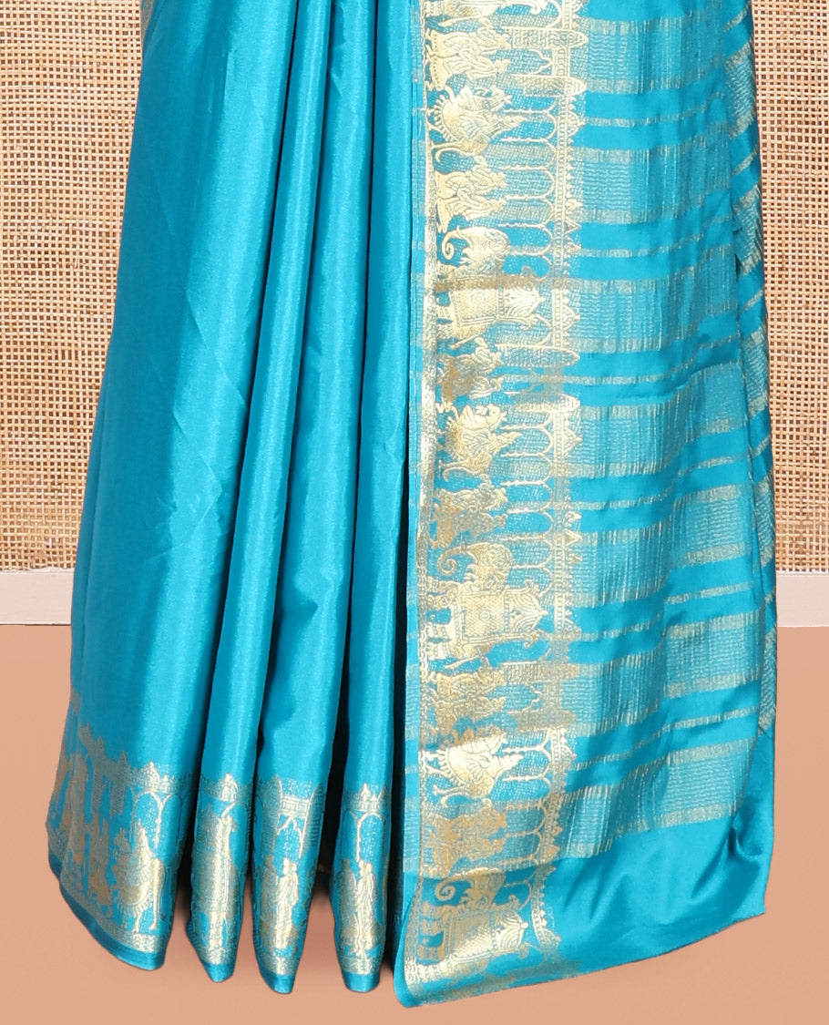 Rama Blue Plain Semi-Mysore Saree, Zari Wedding-Themed Border, Zari Striped Pallu, Matching Blouse