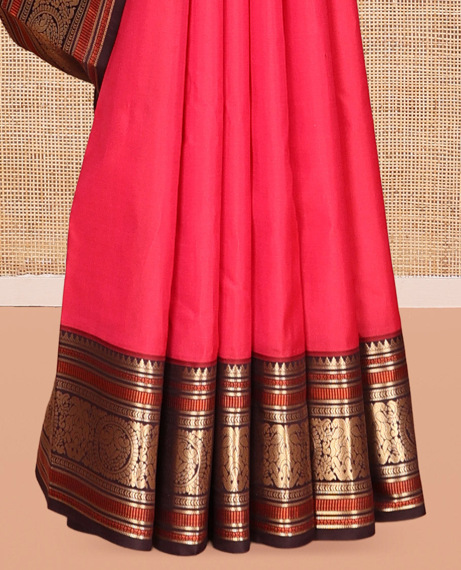 Red Plain Vasundhara Lite Silk Saree, Complemented by a Contrast Border of Banaras, Diamond, Muthu, Kathir, and Round Mayil Designs, Grand Jaal Pallu, and Paired with a Contrast Blouse