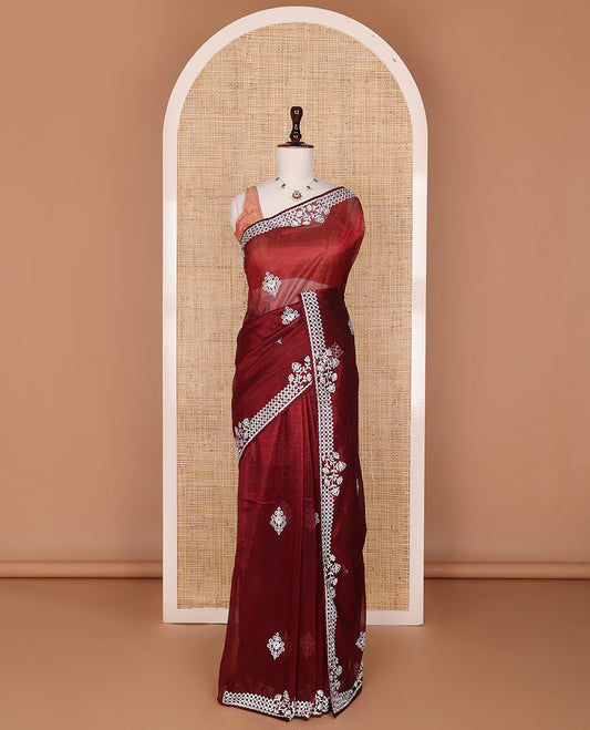 Maroon intricate stone embroidered designer saree, crystal stone embroidered border