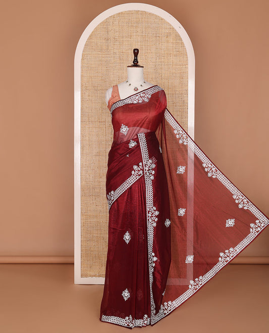 Maroon intricate stone embroidered designer saree, crystal stone embroidered border