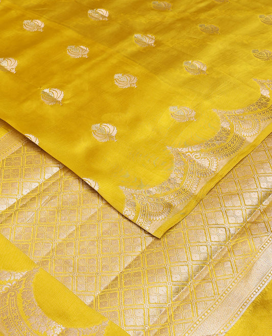 Yellow zari buttas raw mango silk saree, zari border of scallop designs & jaal design pallu