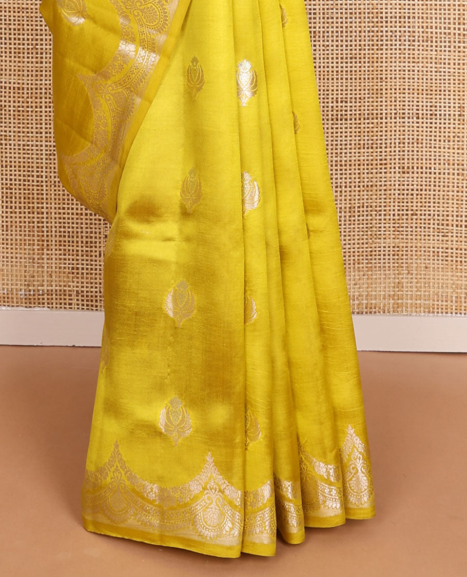 Yellow zari buttas raw mango silk saree, zari border of scallop designs & jaal design pallu